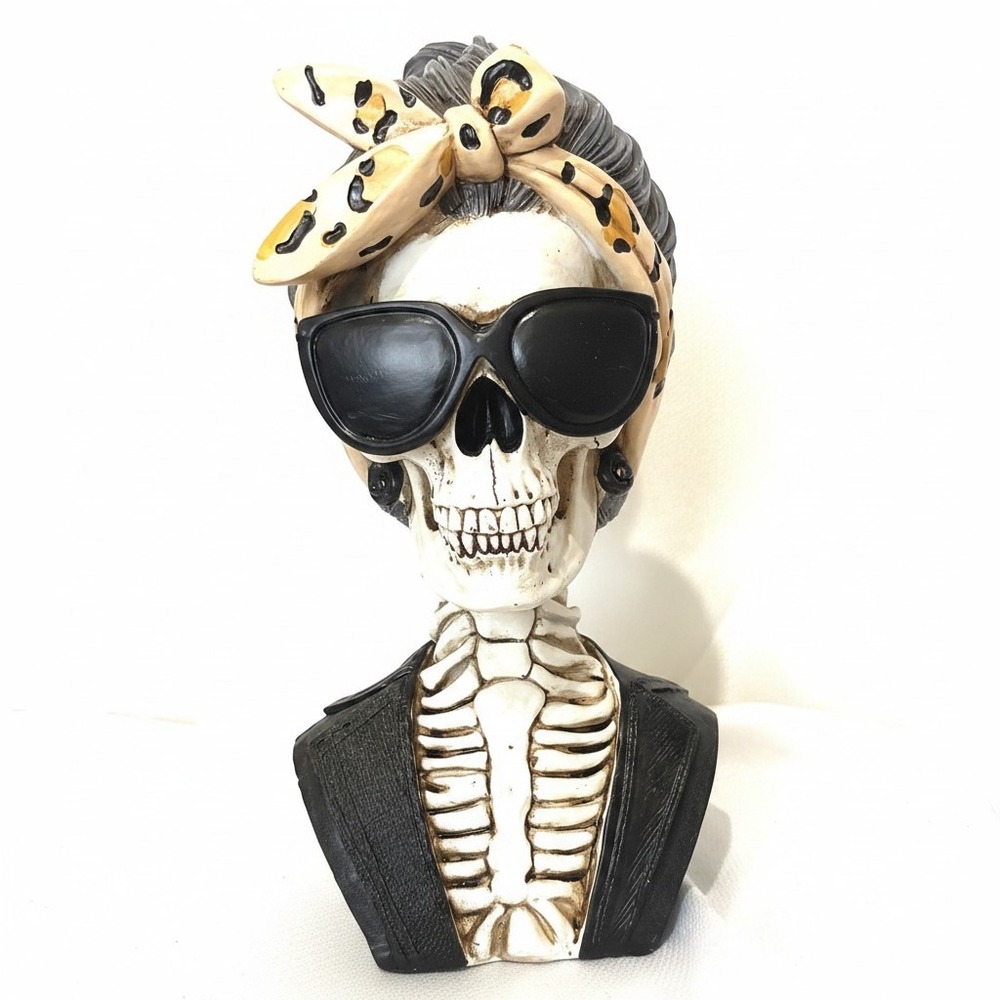 NWT Skeleton Diva Spooky Chick Bust Halloween Decor Leopard Headband Sunglasses